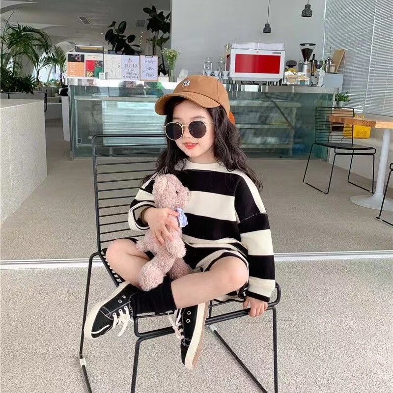 2024 Baby Girl Boy Cotton Striped Clothes Set Hoodie and Shorts 2pcs Infant Toddler Child Tracksuit Spring Autumn Summer 1-8Y