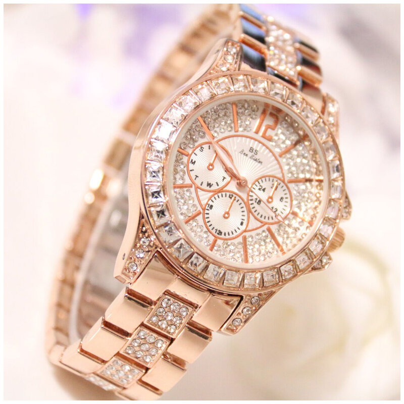 Jam tangan gelang mewah wanita, jam tangan berlian imitasi berkilau dengan gesper satu buah untuk hadiah Natal Hari Valentine