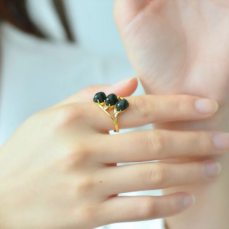 Cincin giok Hetian💍Cincin batu hijau alami pria wanita, perhiasan cincin batu permata Retro mewah dapat disesuaikan