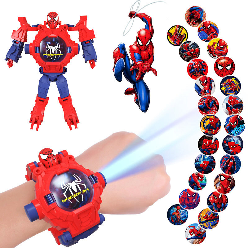 Children Watches Spiderman 24 Projection Patterns Toys for Boy Deformation Robot Projection Electronic Clock Kids Christmas Gift