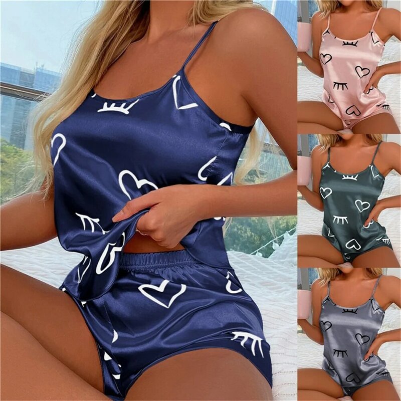 Conjunto de pijama sexy estampado em coração feminino, pijama cetim seda, top e shorts cami, pijama de verão, 2 peças