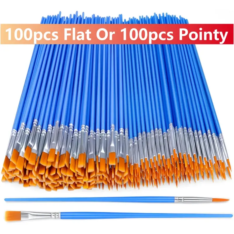 100pcs Flat & Pointy Nylon Painting Brushes for Various Purpose Oil Watercolor Painting Artist Professional Kits.