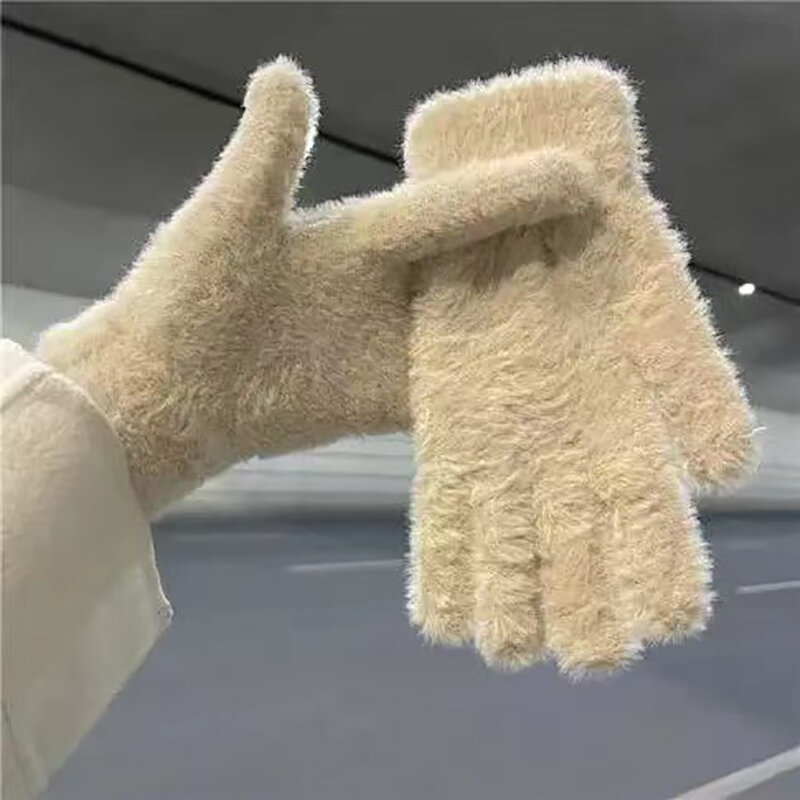 Женские меховые флисовые перчатки, зимние теплые плюшевые искусственные перчатки с пятью пальцами, симпатичные меховые пушистые варежки