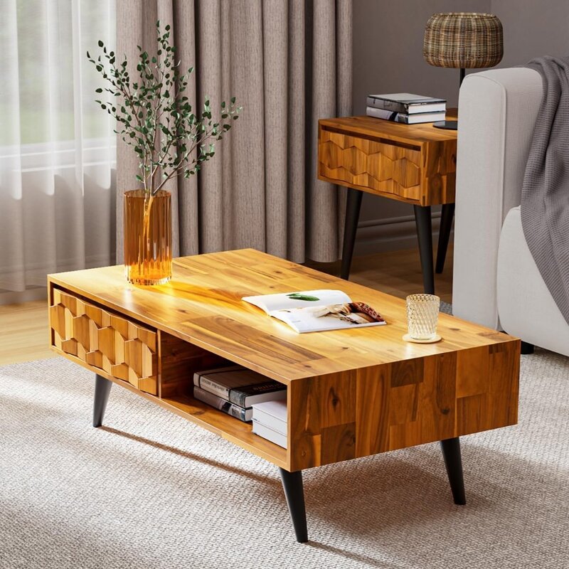 Mesa de centro de madera maciza para sala de estar, mueble de Café con 2 cajones de almacenamiento simétricos y detalles geométricos, color marrón teca