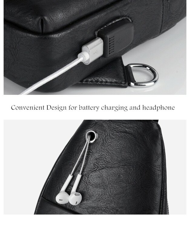 Bolsa de peito crossbody PU masculina, bolso móvel USB de grande capacidade, bolsa de ombro casual, tendência
