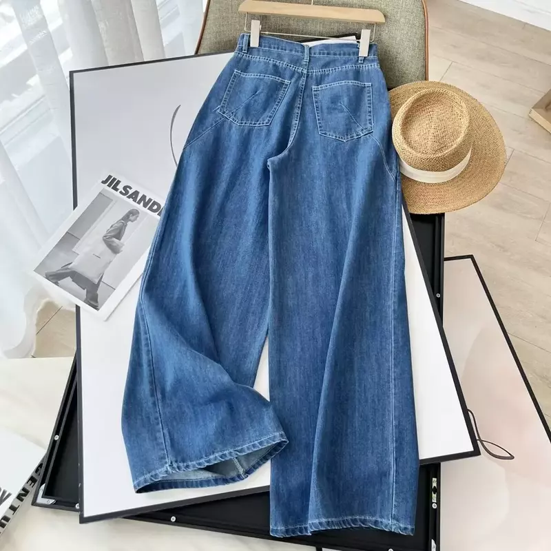 سراويل جينز نسائية واسعة الساق مع جيوب جانبية ، خصر عالٍ عتيق ، أنيقة وغير رسمية ، أزياء جوكر ، أو