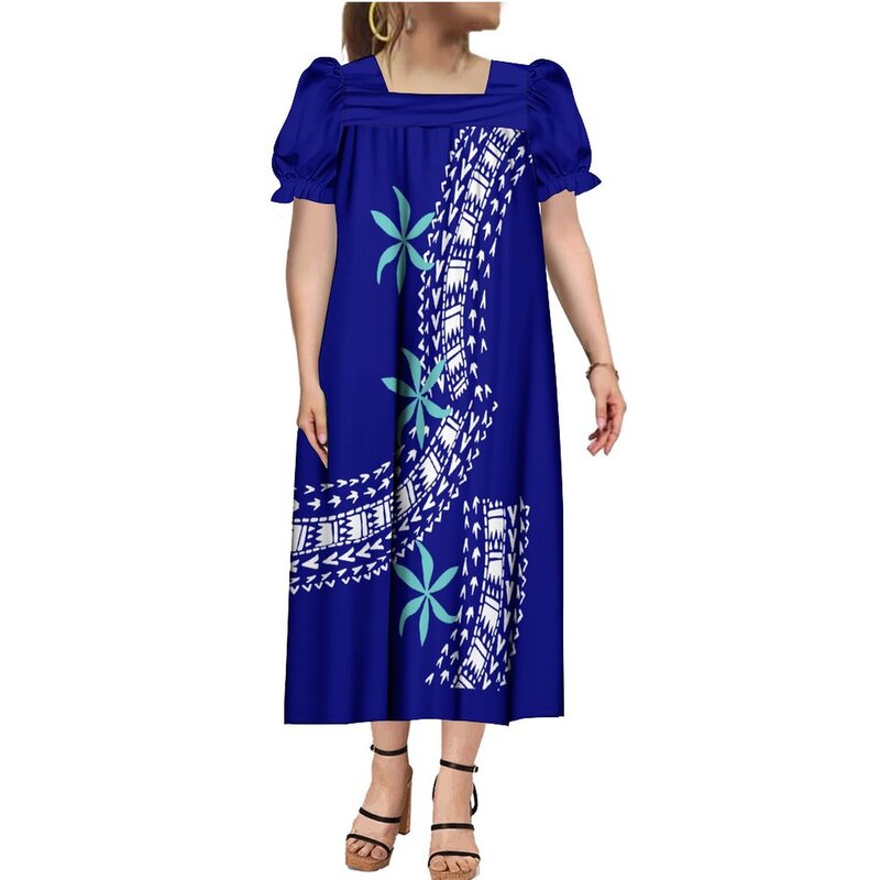 Polinezyjska niebieska para kostium MUMU Samoa moda damska suknie z kieszeniami spersonalizowany druk koszula męska hawajskiej