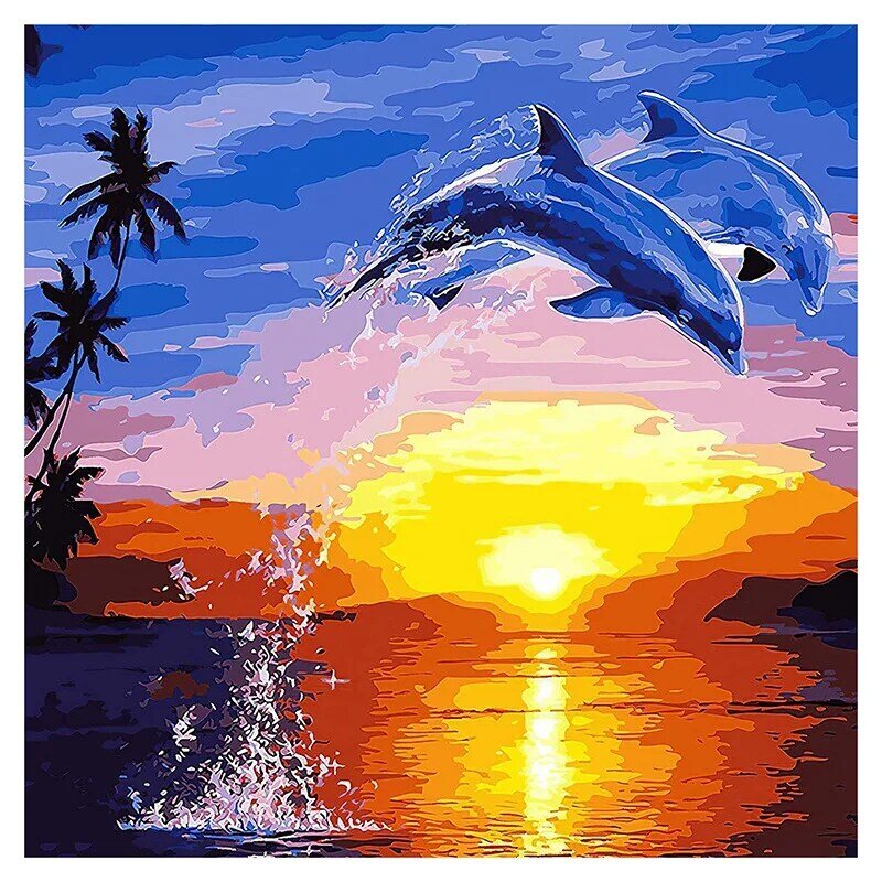 Kit lukisan akrilik DIY anak-anak dan dewasa, Kit lukisan di kanvas 16X20 inci untuk pemula dan dewasa-lumba-lumba matahari terbenam