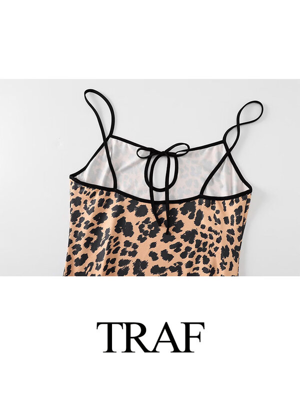TRAF-Robe dos nu à imprimé léopard pour femme, robe en fibre mince, batterie sexy, évidée, vintage, été