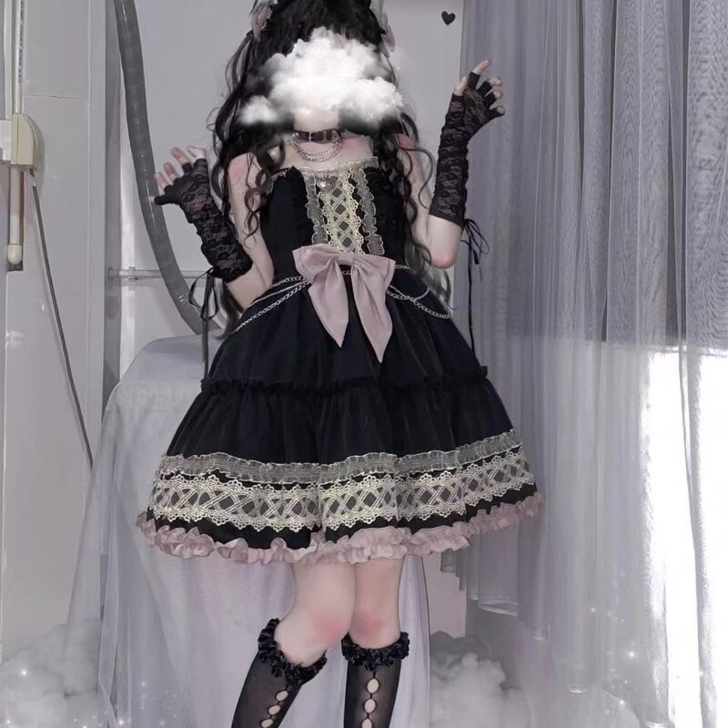 Japanese Gothic Lolita Dress Girls Vintage Dark Ruffles Bow Lolita Jsk Dress Women Harajuku Cool Sleeveless Punk Suspender Dress