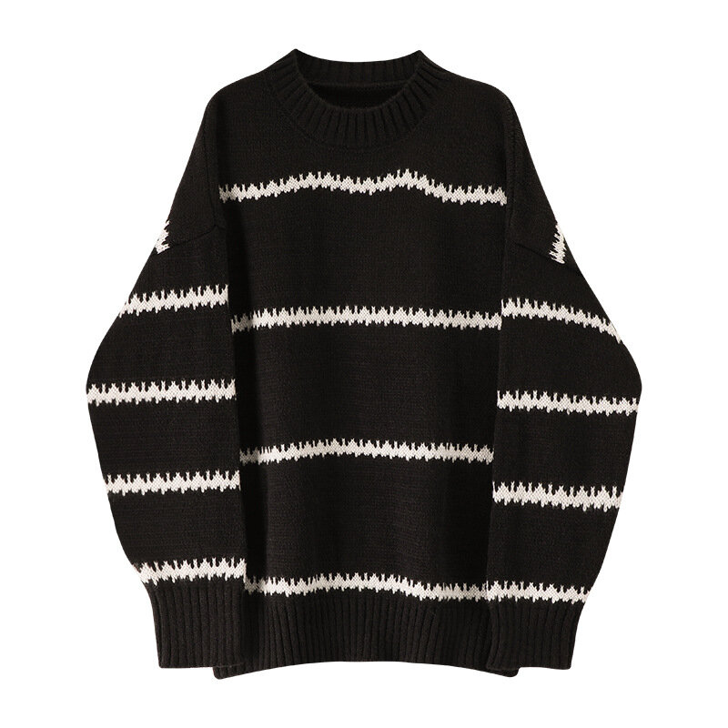 Suéter preto listrado vintage para mulheres, chique com o pescoço, manga comprida, pulôveres soltos, malhas casuais, tops femininos, novo, 2024