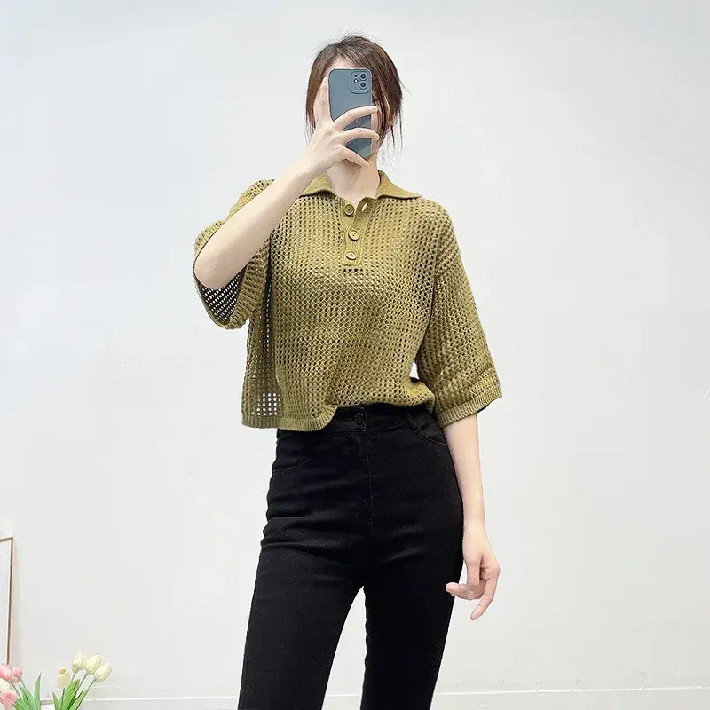Women Hollow Out Green Sweater Metal Decoration Turn-down Collar Short Sleeve Front Buttons Casual Knitted Pullover