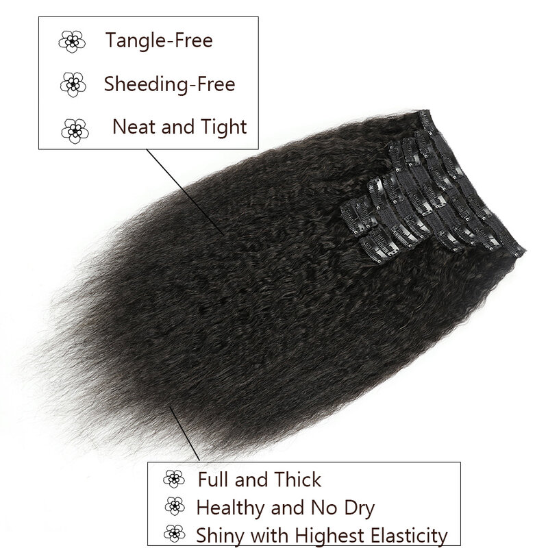 Extensions de Cheveux Humains Crépus Lisses à réinitialisation, Vrais Cheveux Humains, Noir Naturel, 120g, Tête Complète, Sans Couture, 1B