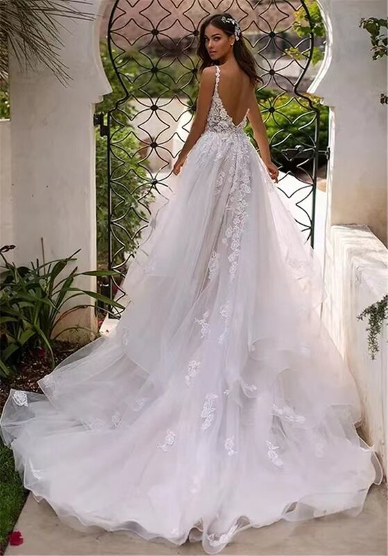 Gaun Trailing renda kerah V A-line, untuk pesta pengiring pengantin, gaun malam Cocktail, Pesta Jamuan, Prom