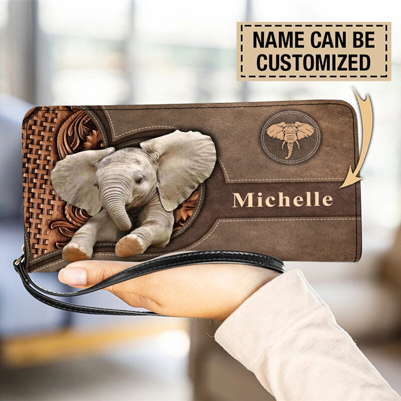 Monedero de cuero PU con cremallera para mujer, carteras de mano largas con estampado de elefante lindo, portatarjetas portátil, diseñador de lujo
