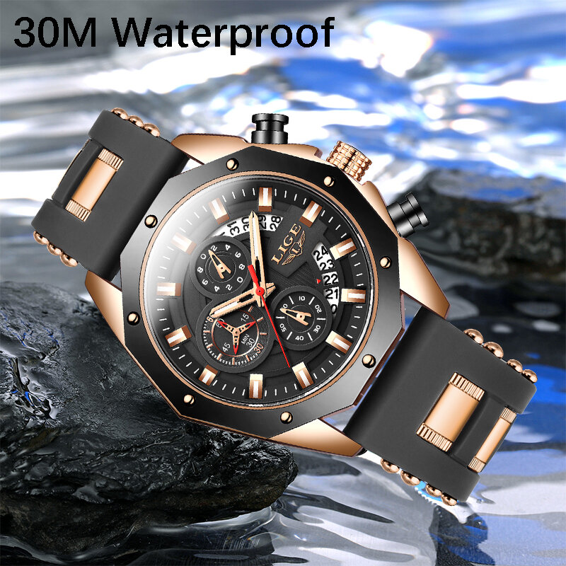 FOXBOX jam tangan pria, arloji tali silikon merek mewah terbaik, jam tangan olahraga Quartz kronograf kasual tahan air untuk pria