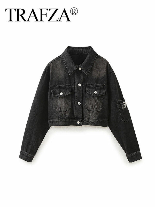 Trafza Mode Jacken für Frauen Frühling schwarz Denim Animal Print Metallband lange Ärmel Revers Vintage kausalen Taschen mantel
