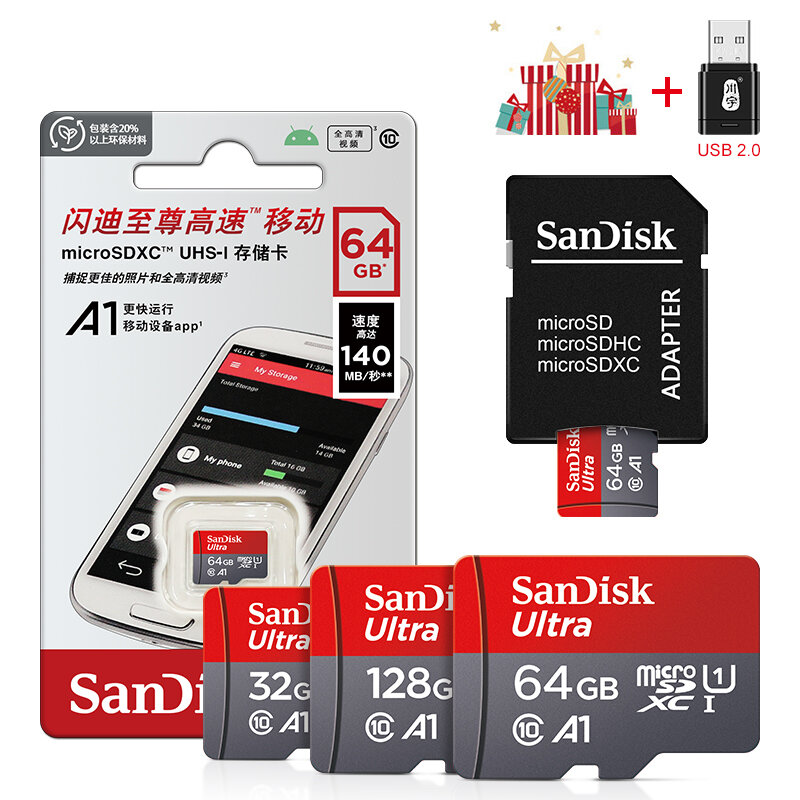 SanDisk kartu memori 32GB 64GB Ultra A1, kartu Microsd Class10 UHS-1 128GB 256GB 120 MB/s, kartu memori SD/TF microSDXC + adaptor