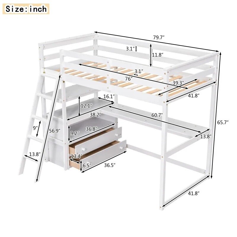 Twin Size Loft Bed with Desk and Shelves, Two Built-in Drawers, Storage Space Available, Suitable for Children's Rooms White