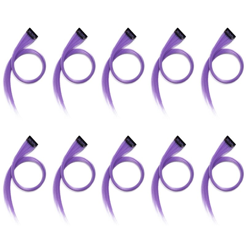 Jepit rambut lurus panjang wanita, 10 buah jepit ekstensi rambut highlight pelangi yang dapat diatur untuk rambut palsu ungu