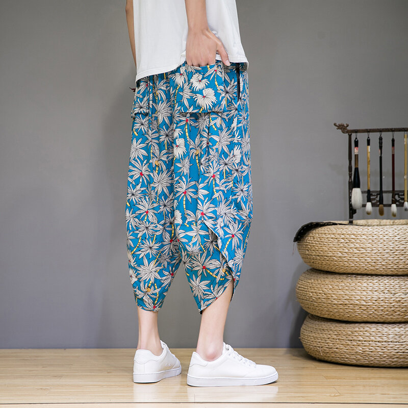 กางเกงยาวน่องใหม่ฤดูร้อน2024สบาย, กางเกงลำลองผ้าไอซ์ซิลค์กางเกงขาสั้นพิมพ์ลายชายหาดรีสอร์ท