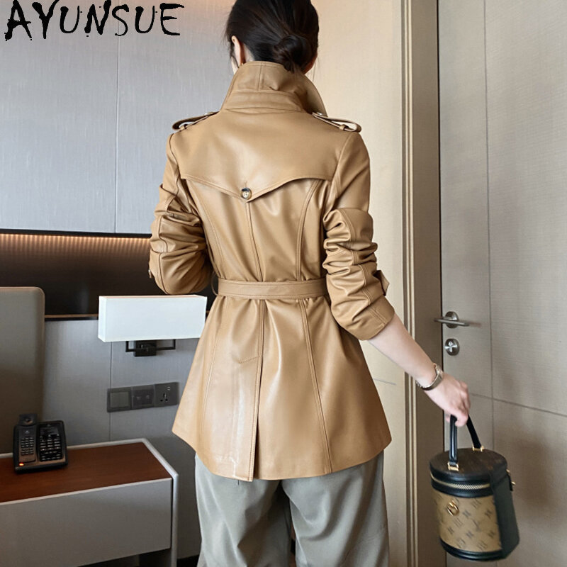 AYUNSUE kurtka z owczej skóry damska moda zimowa dwurzędowy pas zamykający talię średniej długości prawdziwa skórzana kurtka trencz