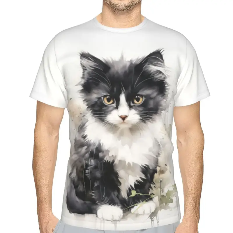 Men's Cute Cartoon 3D Cat Pattern Printed T-shirt Fashionable and Casual Large Loose, Cool and Breathable Short Sleeved Top Y2K