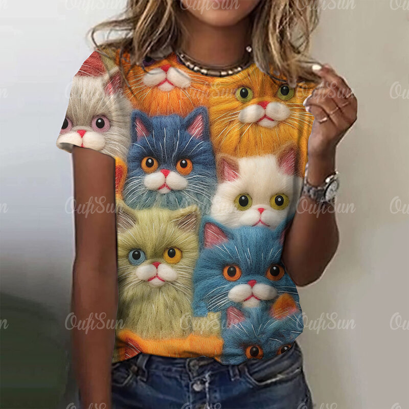 Sommer mode Frauen 3d niedlichen Katze drucken T-Shirts Harajuku Tops Kurzarm lässig Kawaii Damen T-Shirt übergroße weibliche Kleidung