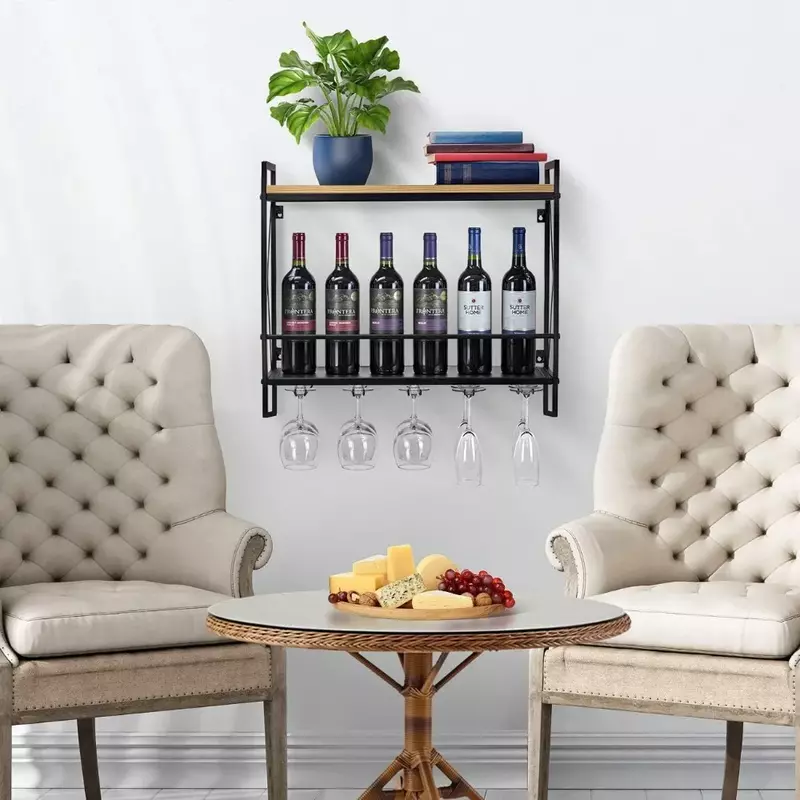 Rak anggur kayu 2 tingkat, dipasang di dinding, rak anggur dengan tempat anggur kaca 5 batang