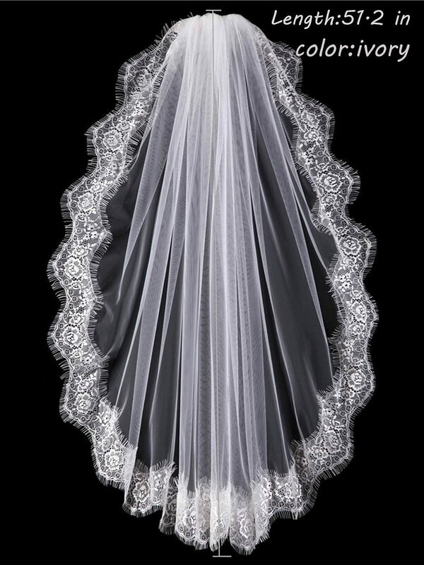 2 Tiers Bride Wedding Veil White Fingertip Length Bridal Tulle Hair Accessories with Flower Lace Edge and Comb (B-Ivory)