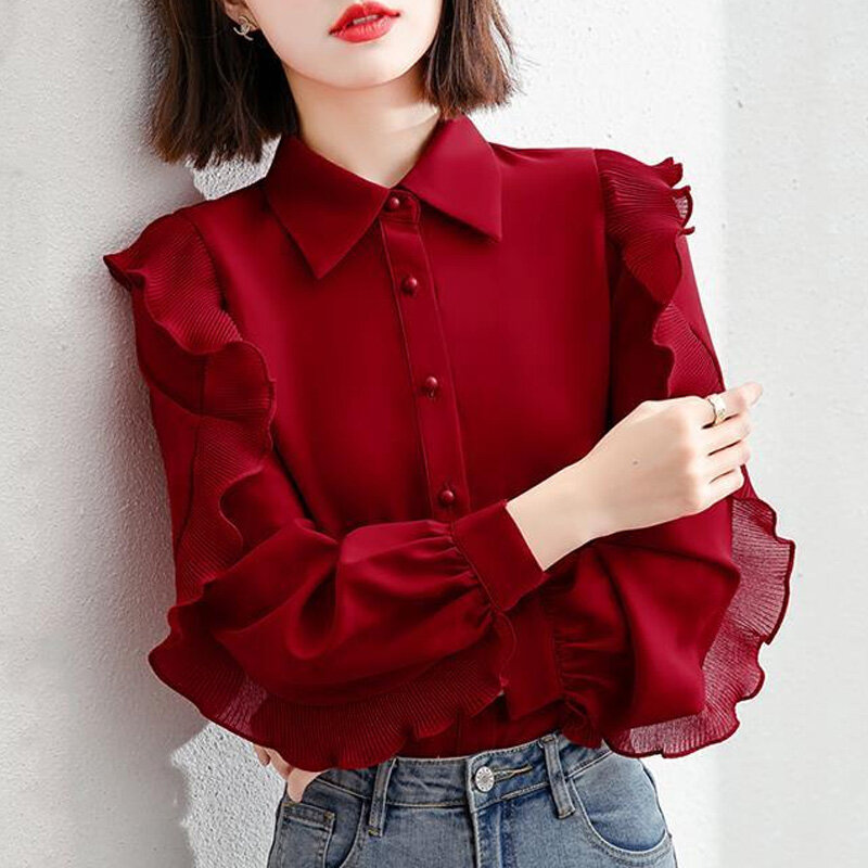 2023 Spring and Autumn Commuter Simple Professional Suit Collar Wood Ears Long Sleeve Button Cardigan Solid Color Women's Shirt