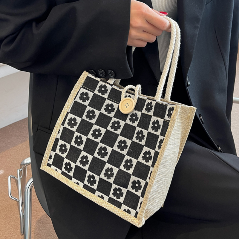 Bolsa de linho padrão floral para mulheres, bolsas casuais, alça superior, bolsa de grande capacidade, Hasp Interior Zipper Pocket, viagem de férias