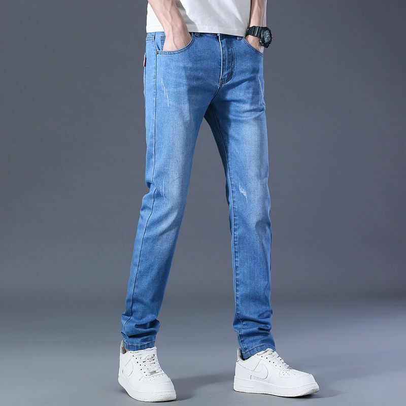 Новинка 2024, Повседневная Роскошная Одежда в Корейском стиле, узкие мужские джинсы на весну и осень, джинсовые брюки, синие Стрейчевые ковбойские узкие джинсы, брюки