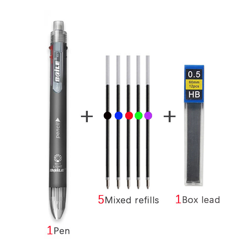 6 In 1 Multicolor Rolbalpen Set Met Vullingen Lood 5 Kleur Balpen En 1 Potlood Core Creatieve Multifunctionele Markering Pen