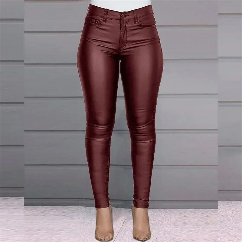 Pantalones ajustados de cuero PU para mujer, pantalón de tubo de Color liso, informal, de cintura alta, empalme con botones, 2024