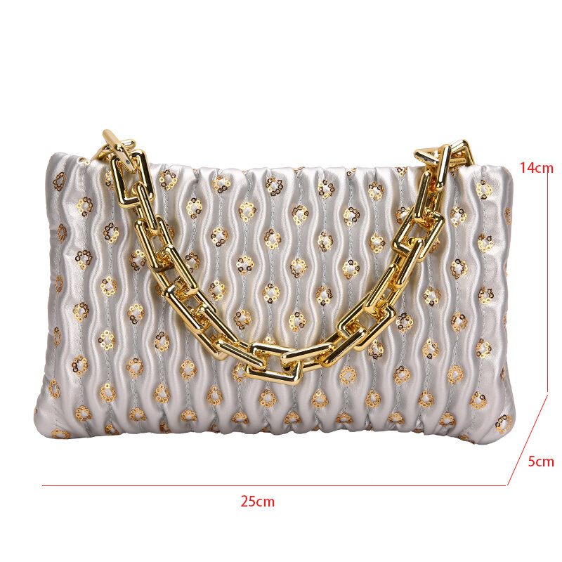 Thick Chain Shoulder Bag For Women Luxury Sequined Evening Bag Party Purse Small Satchel Ladies Silver Pu Leather Crossbody Bags