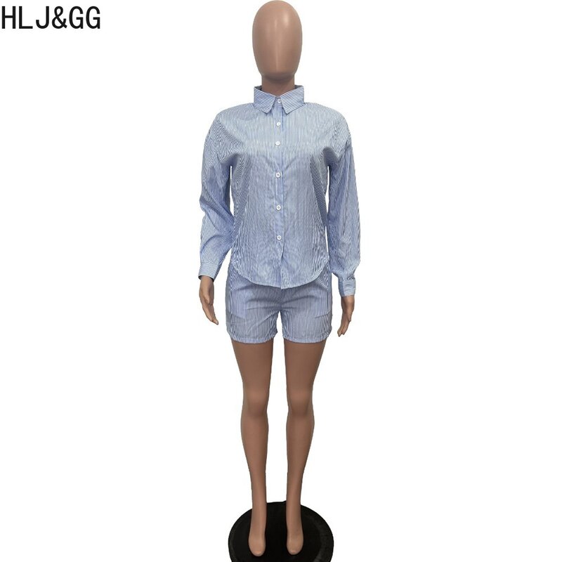 Hlj & Gg Elegante Office Lady Streep Printing Shirts Tweedelige Sets Dames Turndown Kraag Knoop Lange Mouw Top En Korte Broek Outfits