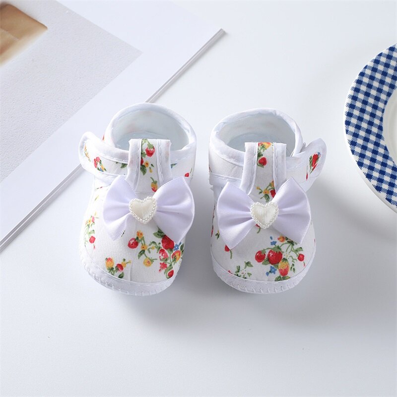 Infant Baby Girls Flat Shoes Infant First Walkers Soft Sole Bowknot Flower Print Non-slip Casual Cute Shoes