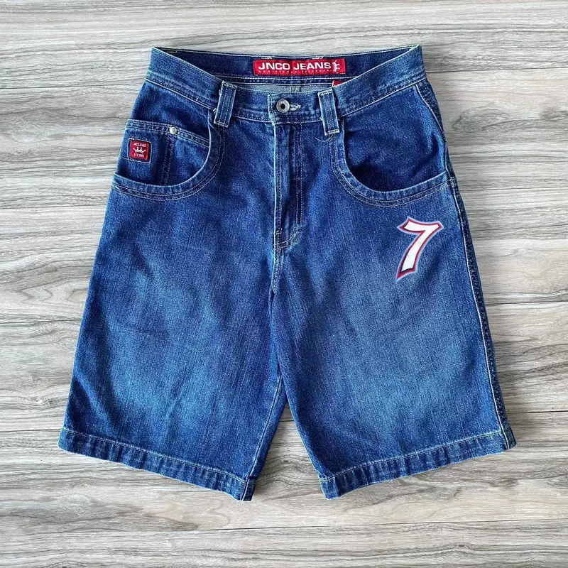 Шорты JNCO в стиле Харадзюку, штаны Y2K в стиле хип-хоп, на удачу, 7 графических костей, готические мужские баскетбольные короткие синие мешковатые джинсовые спортивные шорты в стиле ретро