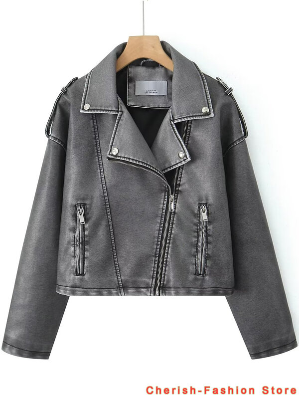 Jaqueta de couro lavada com carvão cinza, casaco borlas, casaco curto com zíper rebaixado, lapela vintage, novo, 2023
