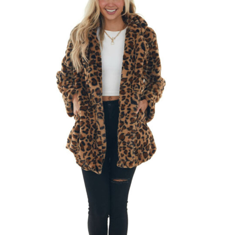 Jaket Panjang Medium Leopard Musim Dingin Mantel Parka Imitasi Temperamen Mode Wanita Pakaian Luar Mewah Longgar Jaket Mantel Bulu Musim Gugur