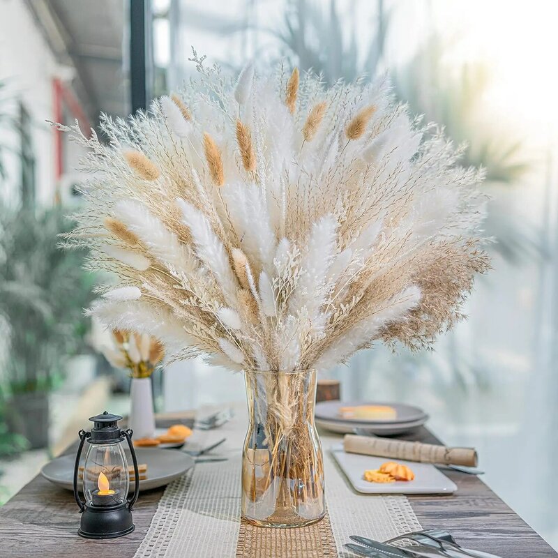 Ramo de flores secas naturales reales para decoración del hogar, caña pequeña, hierba de cola de conejo, mezcla y combina, 300 piezas