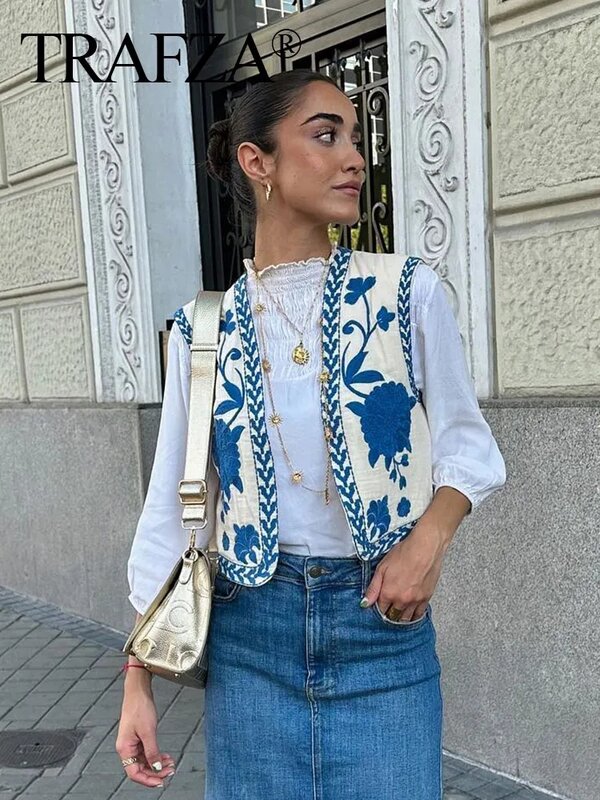 TRAFZA Women Fashion Y2k Vintage Floral Embroidery Vest Top V Neck Loose Casual Summer Woman Short Cardigan Waistcoat Chic Tops