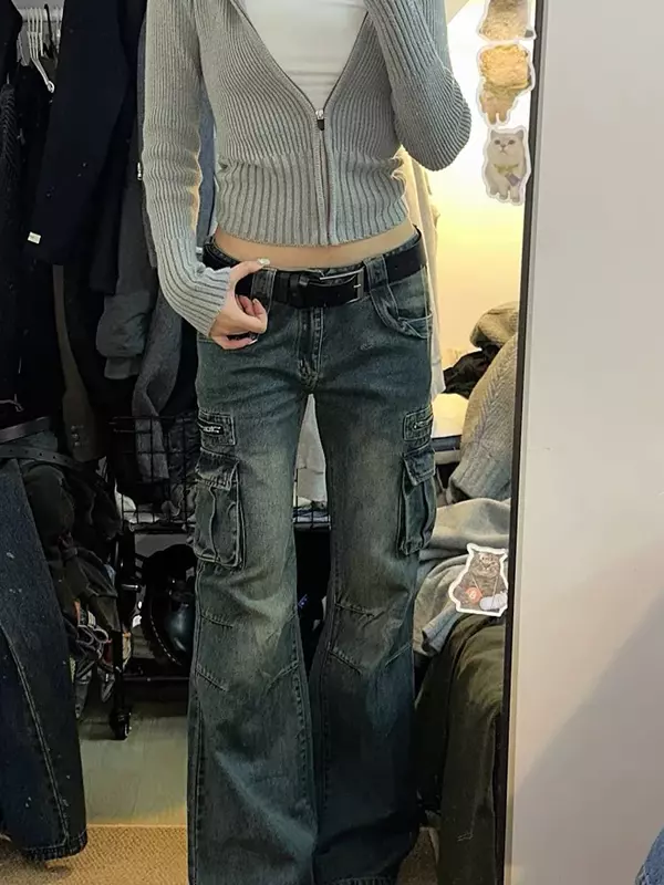 Calça cargosa de bolso grande feminina, moda coreana, jeans feminino, casual para esfregar, jeans solto, primavera, verão, nova, 2022