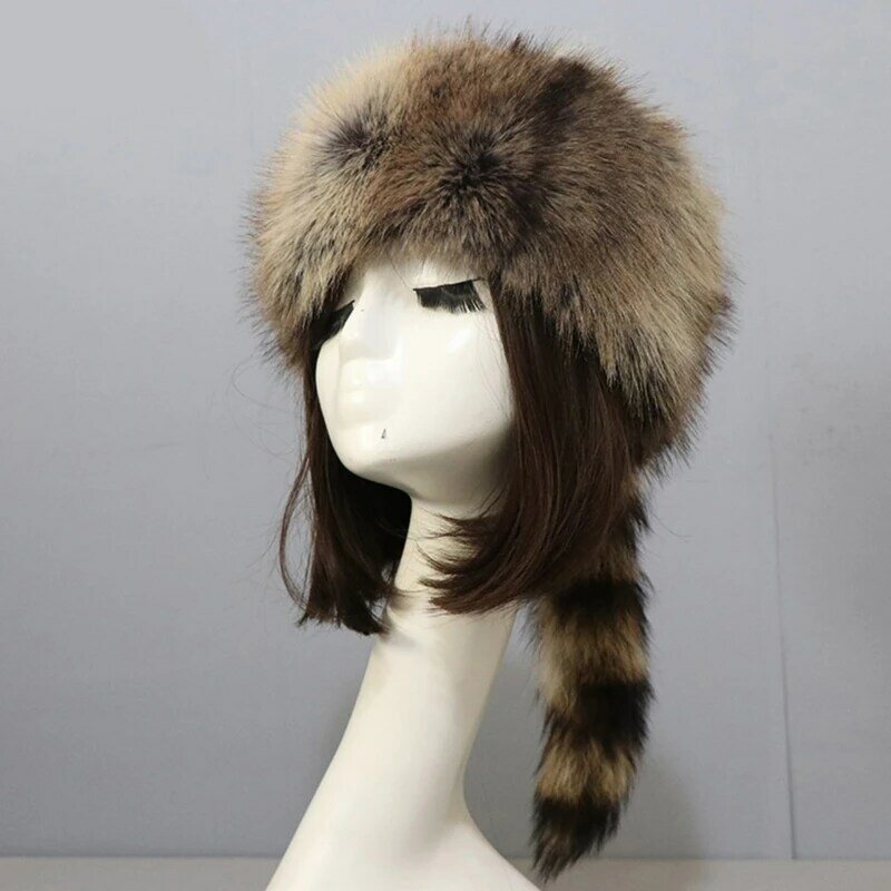 Platte hoed voor volwassenen Outdoor Russische stijl Mongoolse hoed met wasbeerstaart Dropship