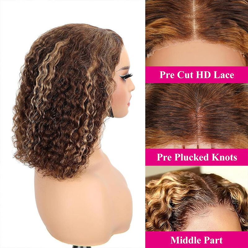 Highlight Omber Human Hair Pre Plucked Pre Cut 4/27 Honey Blonde Lace Front Wigs Short Curly Human Hair Wigs For Black Women