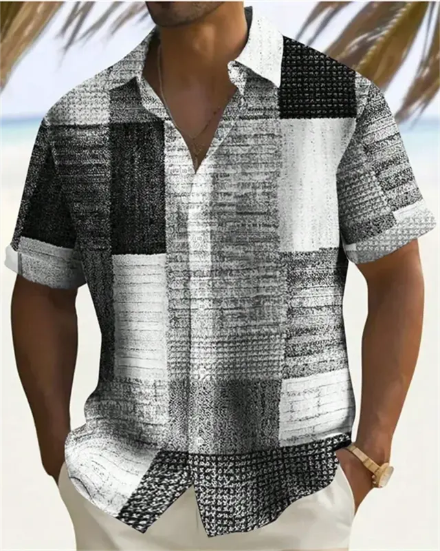 Homens Color Block 3D Impresso Botão-Down Lapela Camisa de Manga Curta, Alta Qualidade Top Havaiano, Tamanho Grande 5XL, Top, 2024