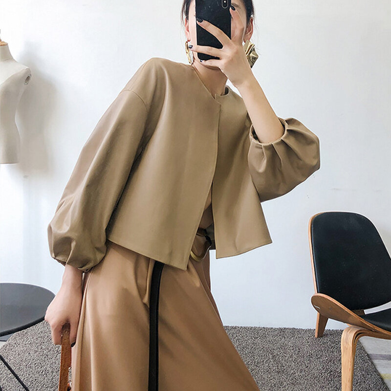 Abrigo corto de piel auténtica para mujer, chaqueta coreana holgada informal con cuello redondo y manga farol, ropa de mujer 2023