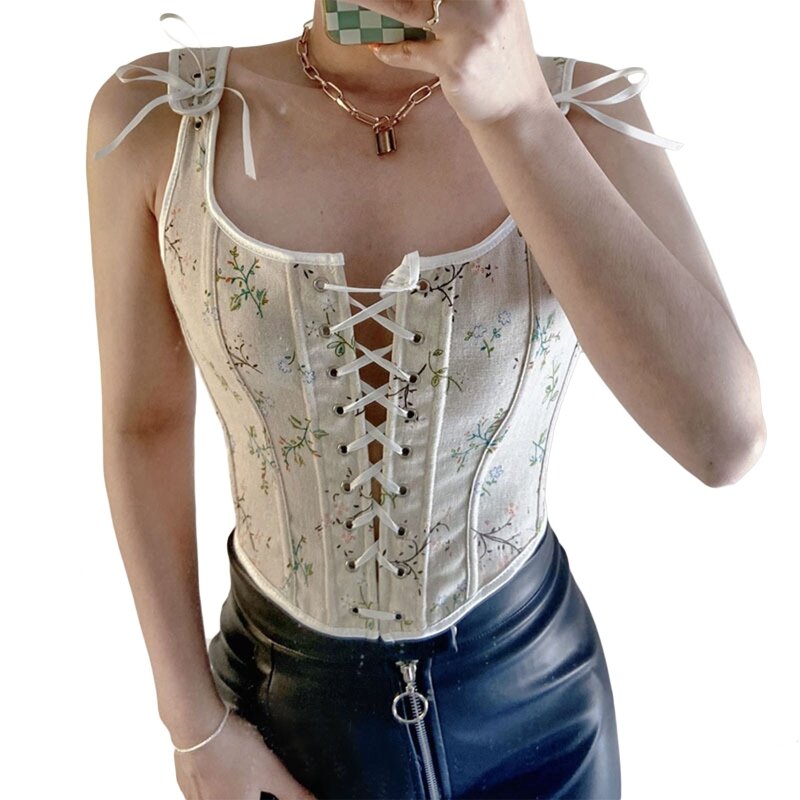 Floral Bustier Crop Top Waist Cincher Corset With Straps Lace Up for Tank Tops