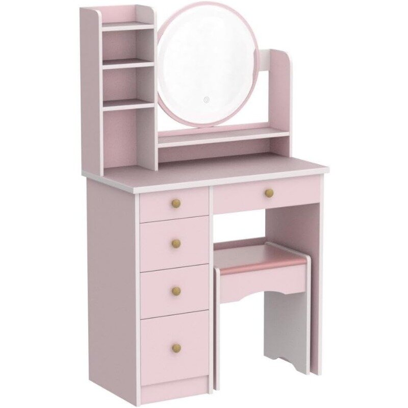 Vanity Set with Rectangular Mirror, Makeup Vanity Dressing Table, Shelves, Dresser Desk and Cushioned Stool Set